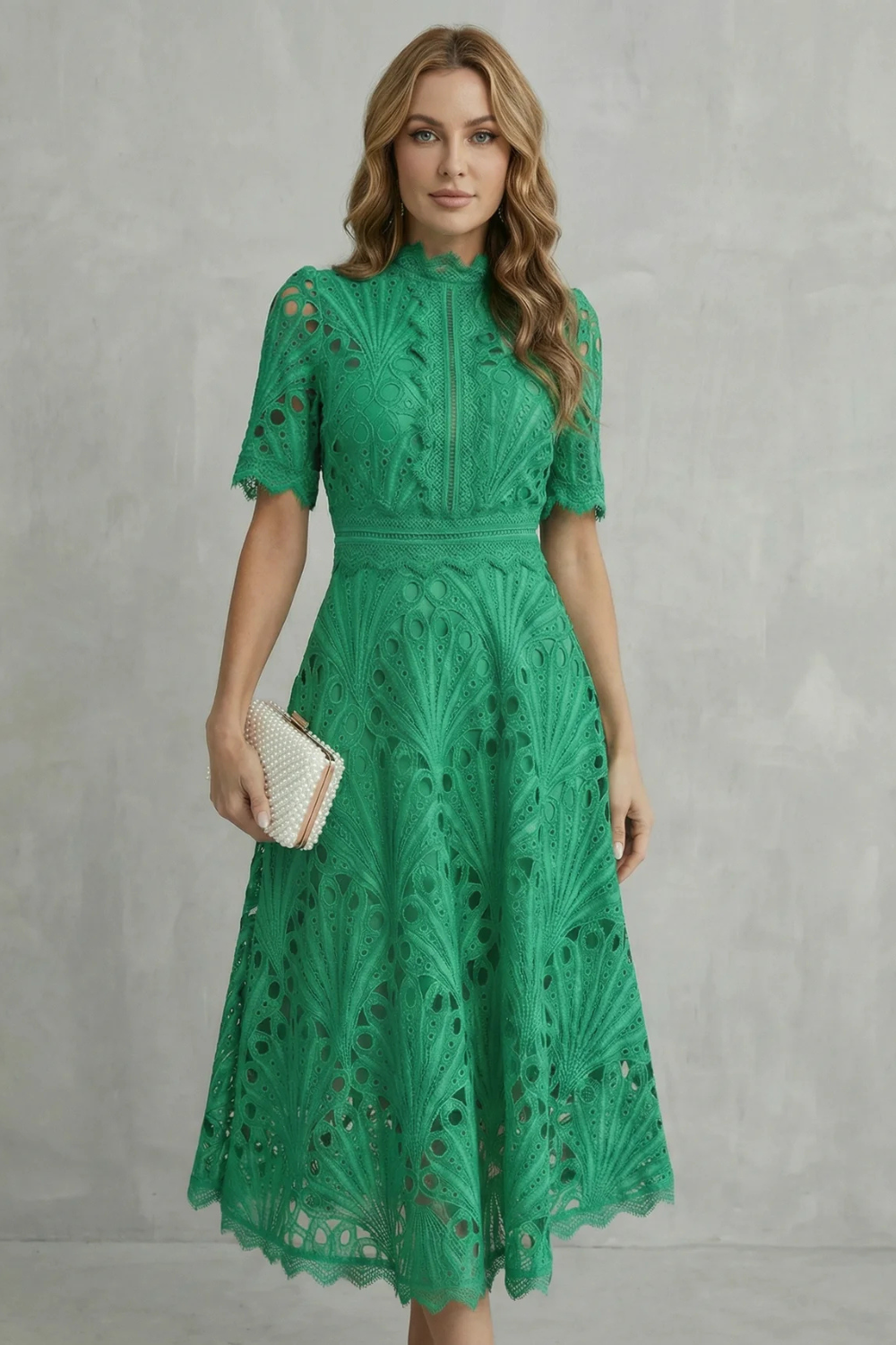 Lace High-Neck Midi Dress with Ornate Detailing for Formal Events