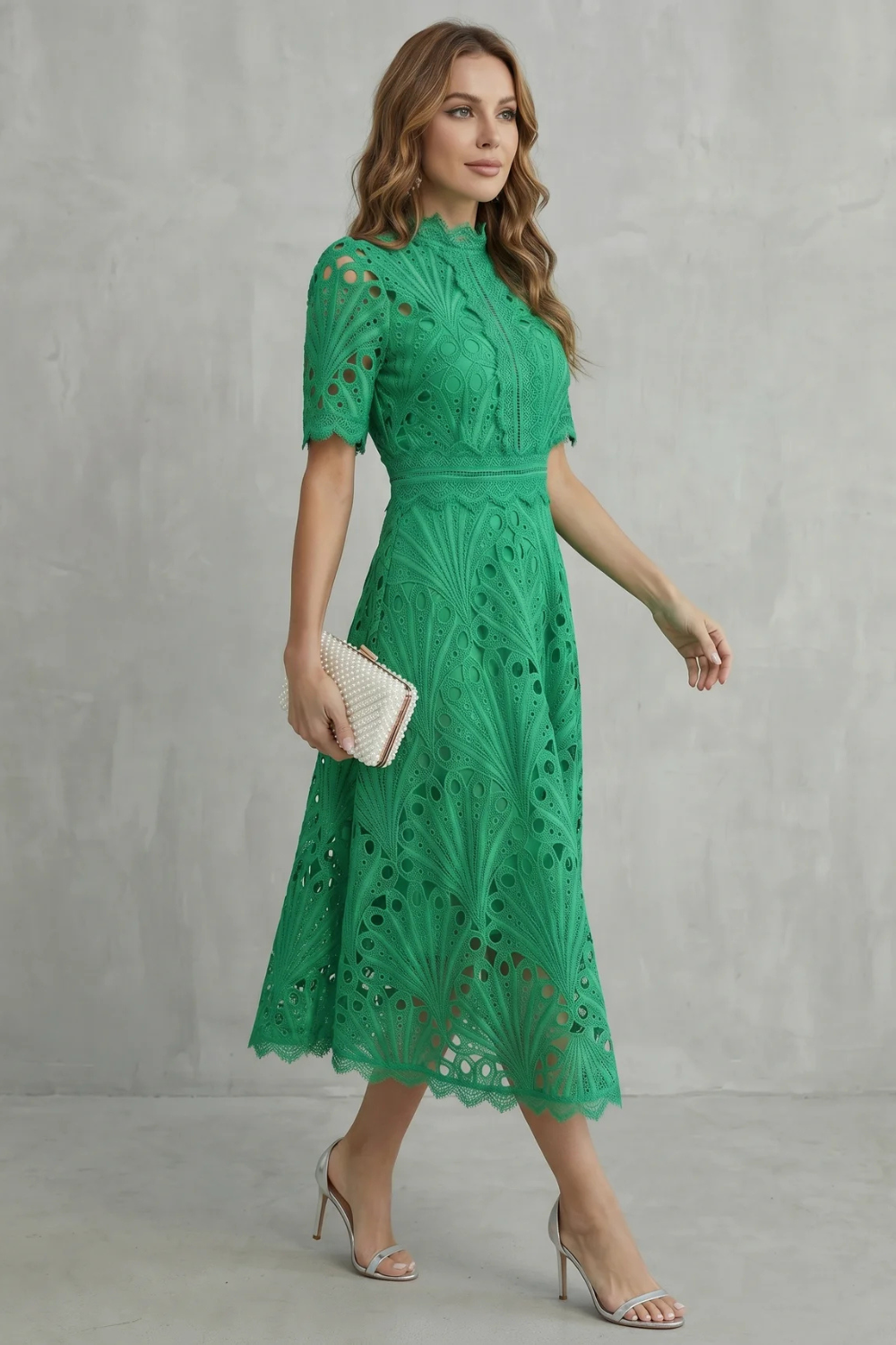 Lace High-Neck Midi Dress with Ornate Detailing for Formal Events