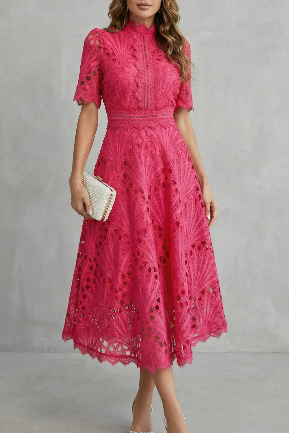 Lace High-Neck Midi Dress with Ornate Detailing for Formal Events