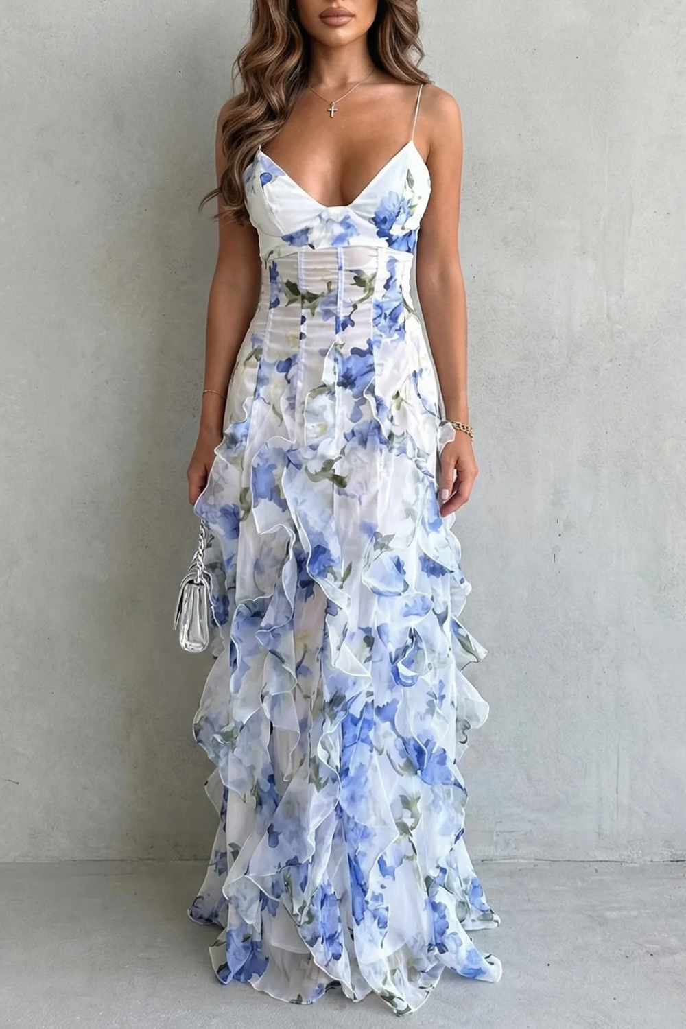 Sheer Floral Maxi Dress with Ruffles for Evening Events