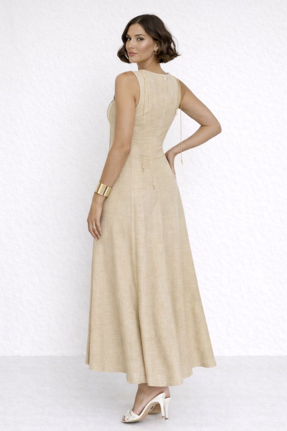 Linen-Look A-Line Long Dress for Women – Pleated Waist with Slit