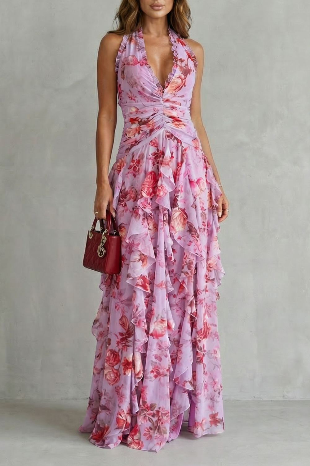 Rose Cascade Halter Maxi Dress - Romantic Floral Design for Special Occasions