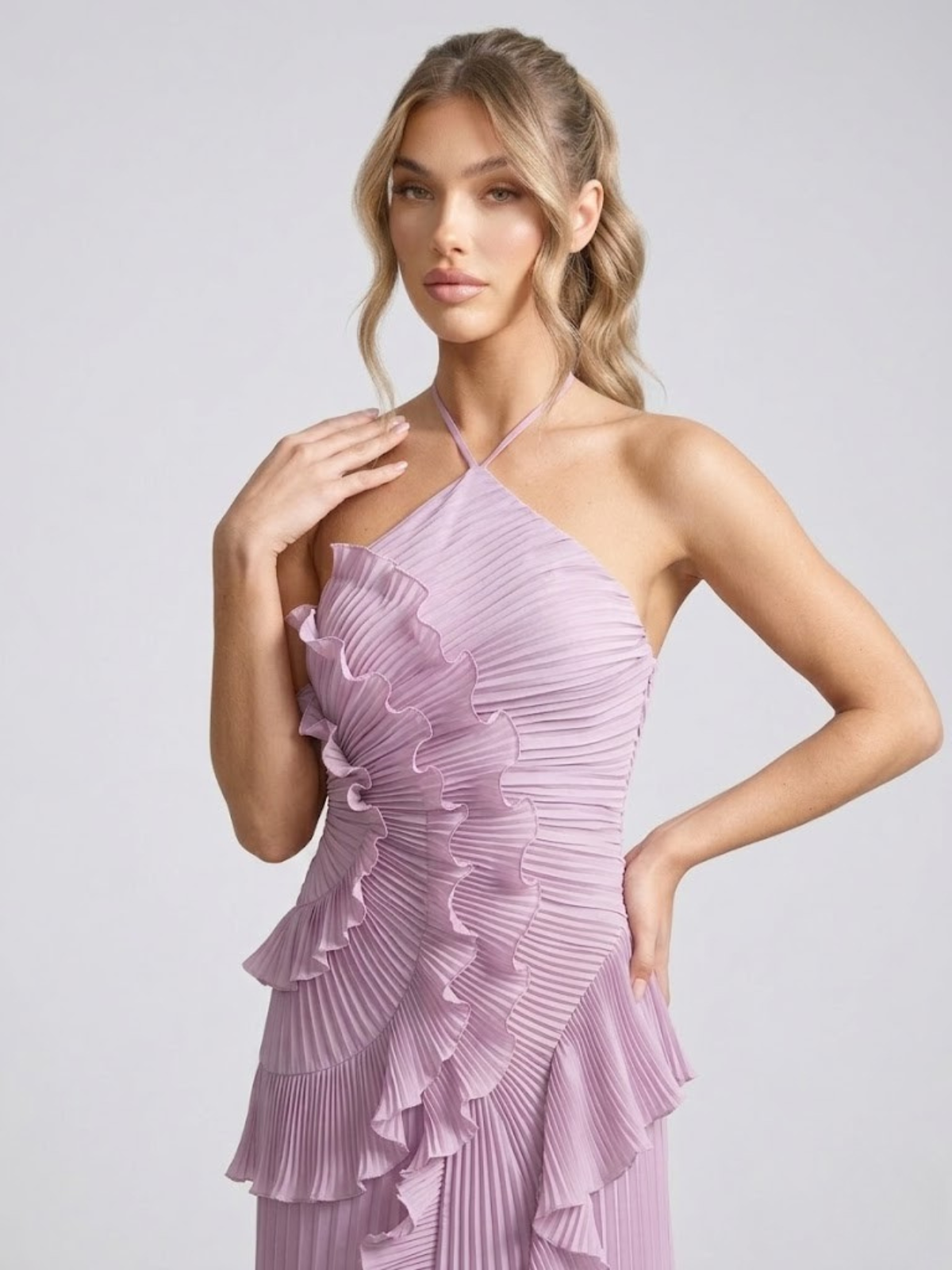 Pleated Ruffle Halterneck Midi Dress for Women - Elegant Summer Fashion