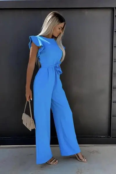 Ruffle Sleeve Belted Jumpsuit for Women - Elegant Casual Outfit
