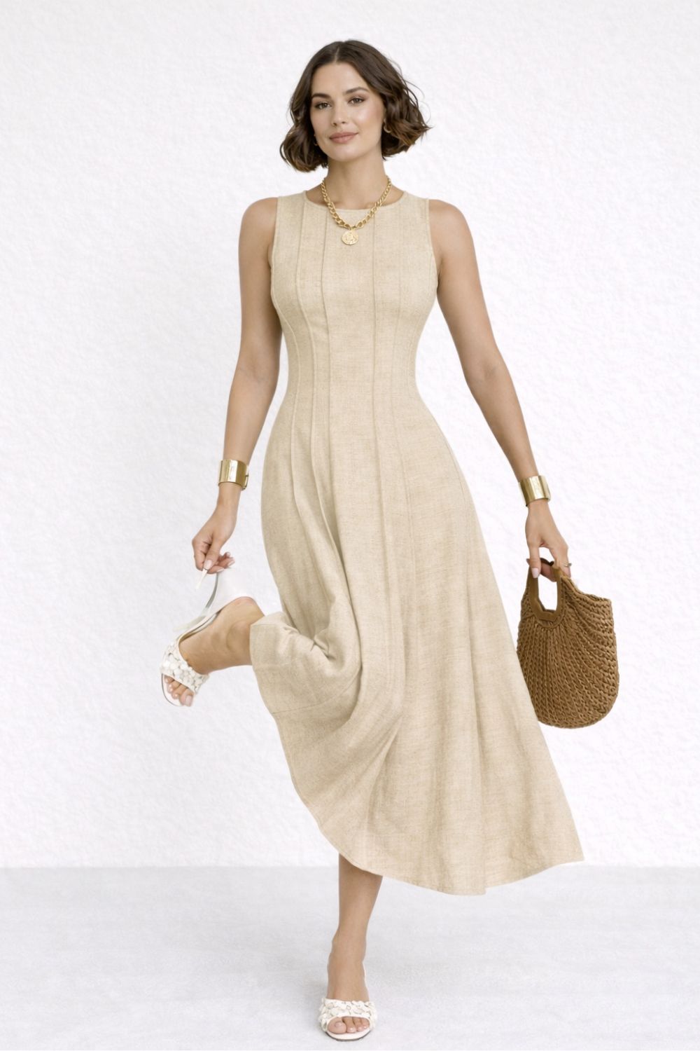 Linen-Look A-Line Long Dress for Women – Pleated Waist with Slit