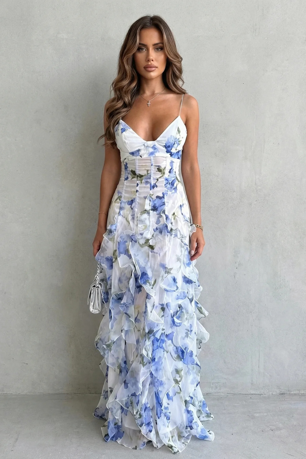 Sheer Floral Maxi Dress with Ruffles for Evening Events