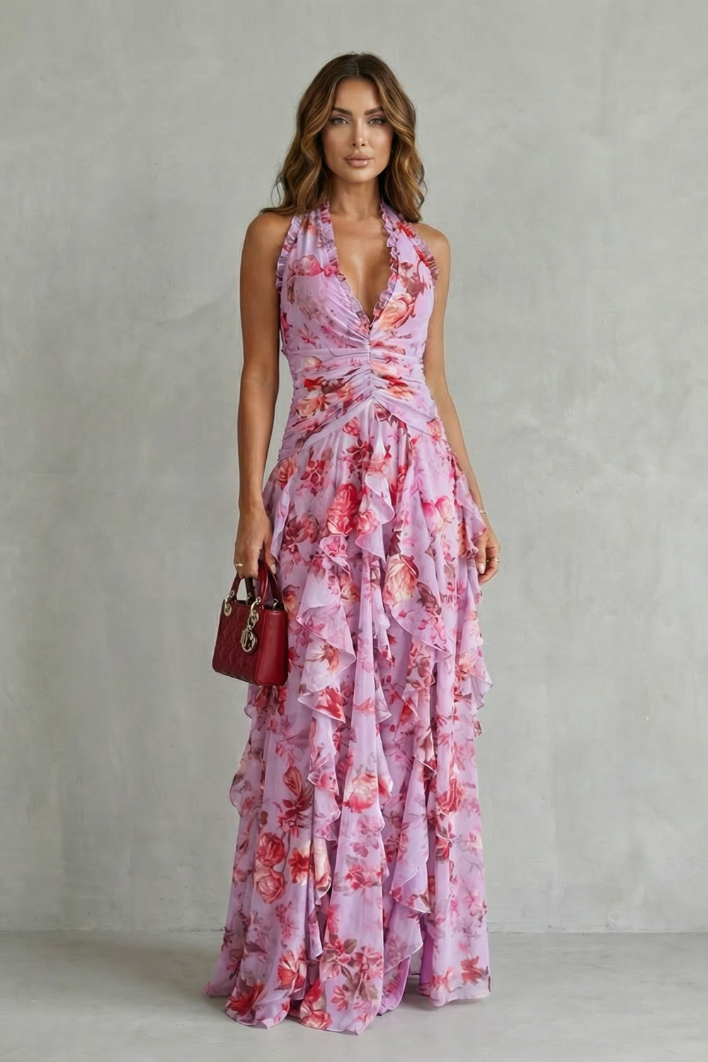 Rose Cascade Halter Maxi Dress - Romantic Floral Design for Special Occasions