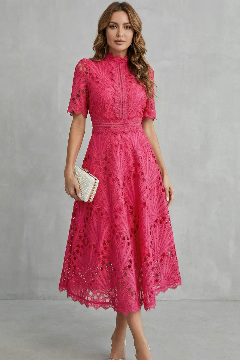 Lace High-Neck Midi Dress with Ornate Detailing for Formal Events