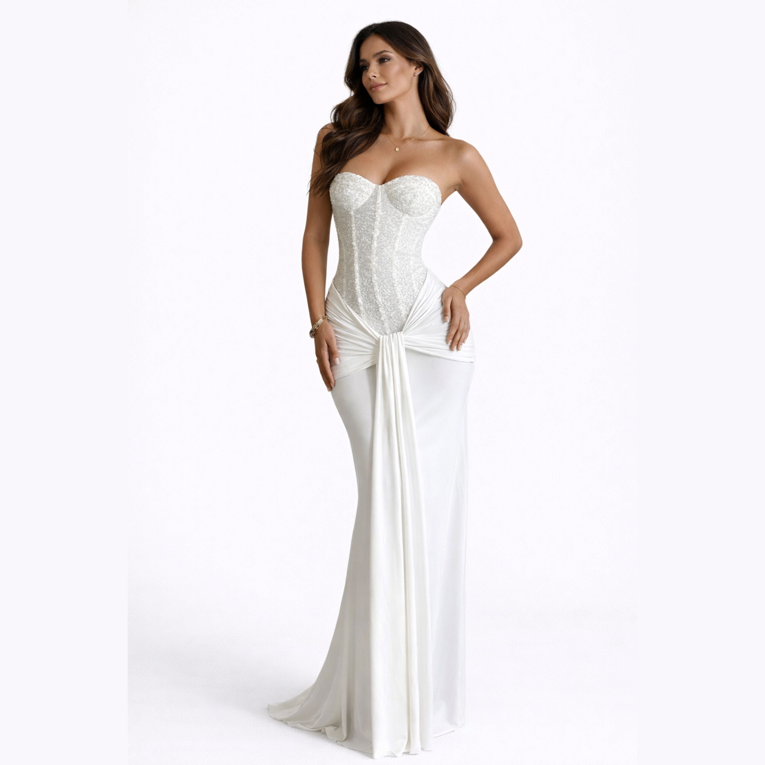 Strapless Ribbon Waist Evening Dress | Elegant Long Gown for Women