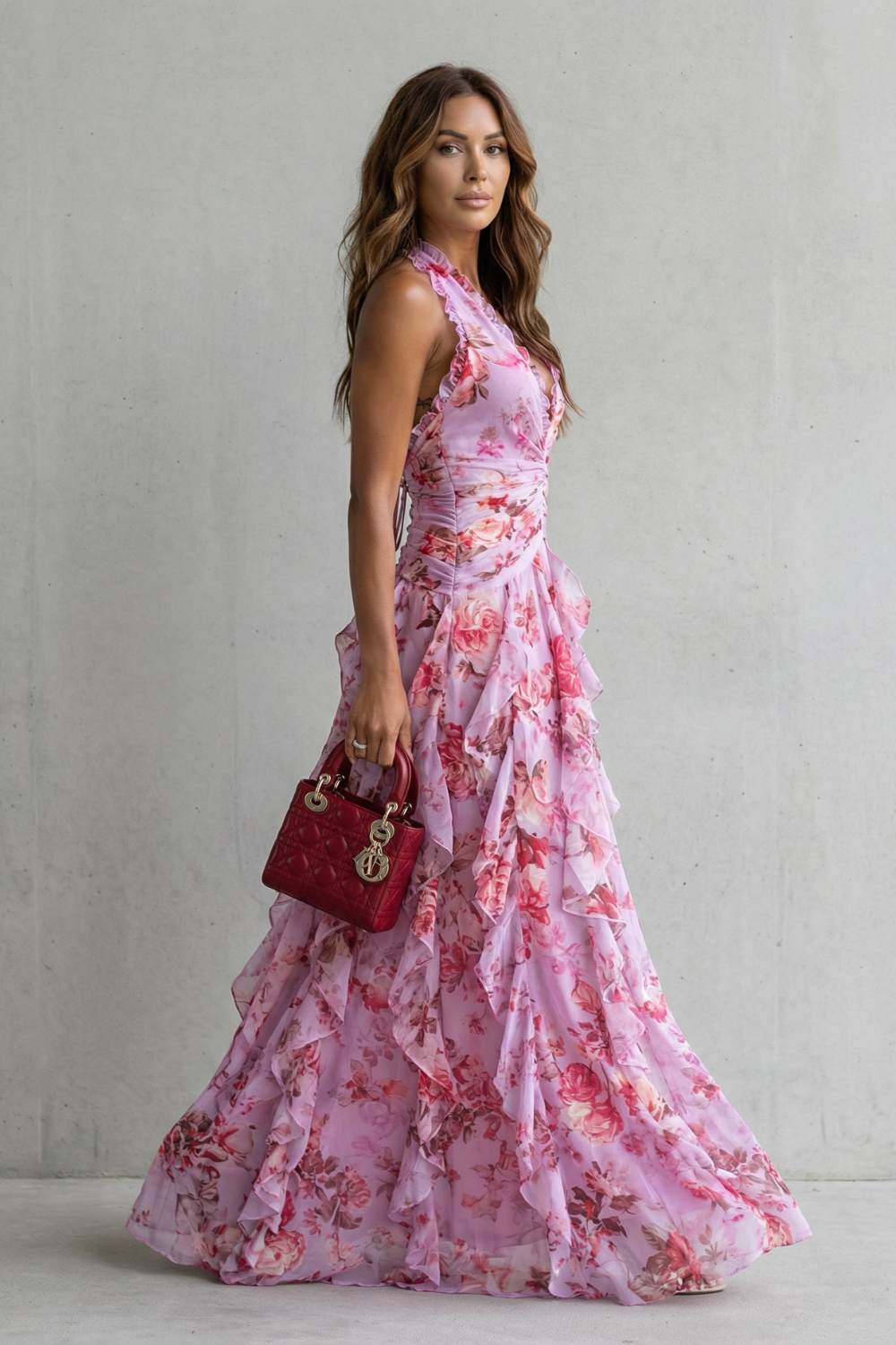 Rose Cascade Halter Maxi Dress - Romantic Floral Design for Special Occasions