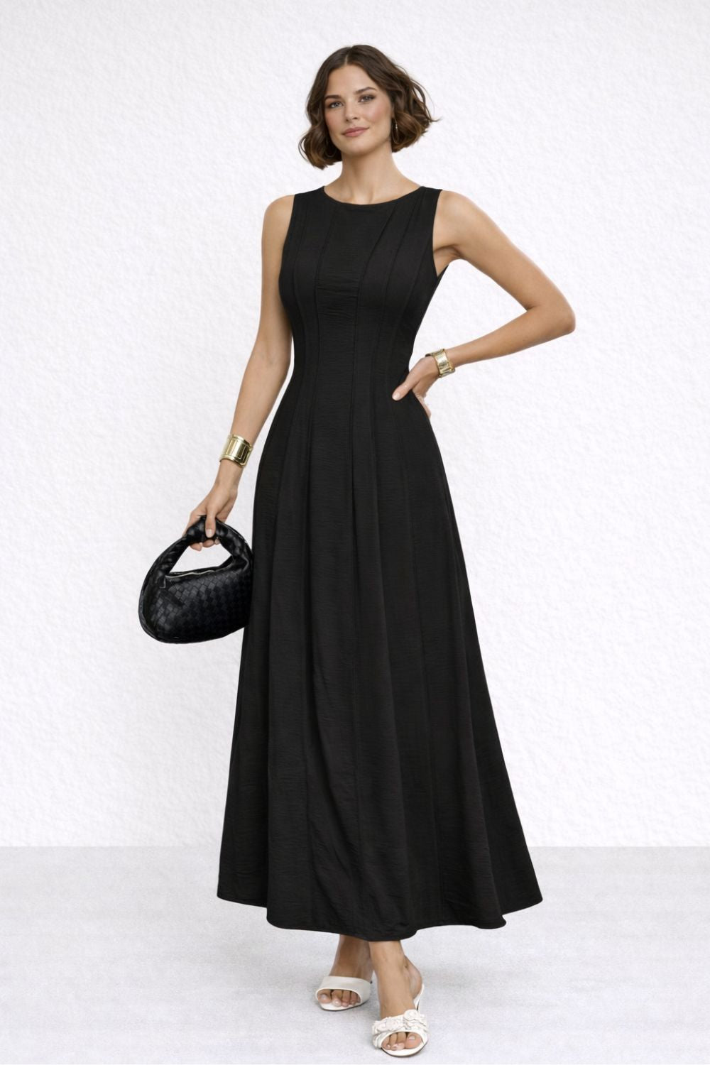 Linen-Look A-Line Long Dress for Women – Pleated Waist with Slit