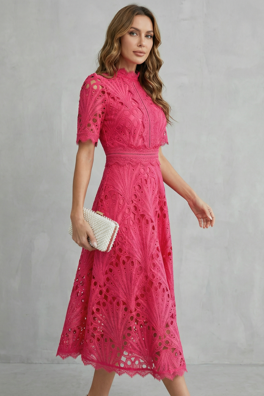 Lace High-Neck Midi Dress with Ornate Detailing for Formal Events