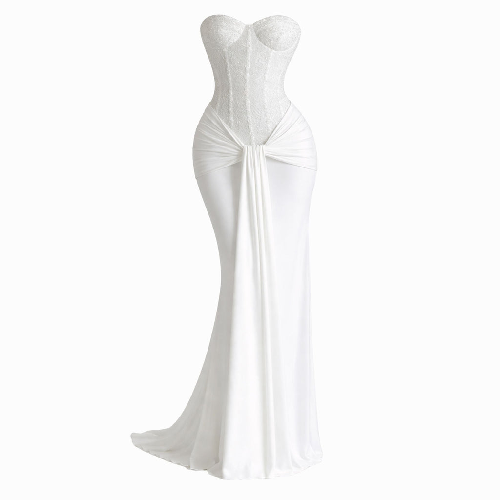 Strapless Ribbon Waist Evening Dress | Elegant Long Gown for Women