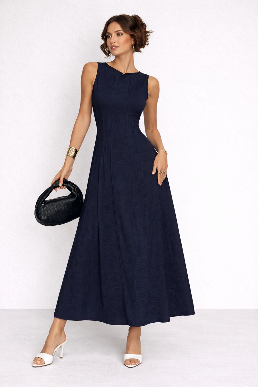 Linen-Look A-Line Long Dress for Women – Pleated Waist with Slit