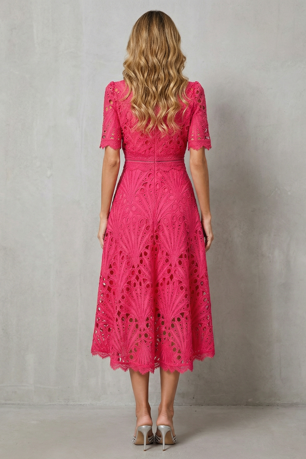 Lace High-Neck Midi Dress with Ornate Detailing for Formal Events