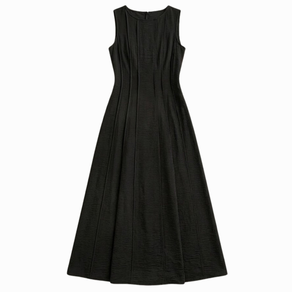 Linen-Look A-Line Long Dress for Women – Pleated Waist with Slit