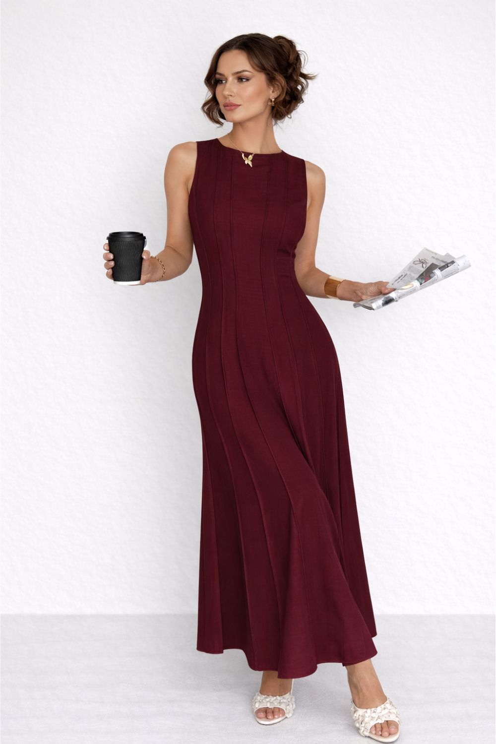 Linen-Look A-Line Long Dress for Women – Pleated Waist with Slit