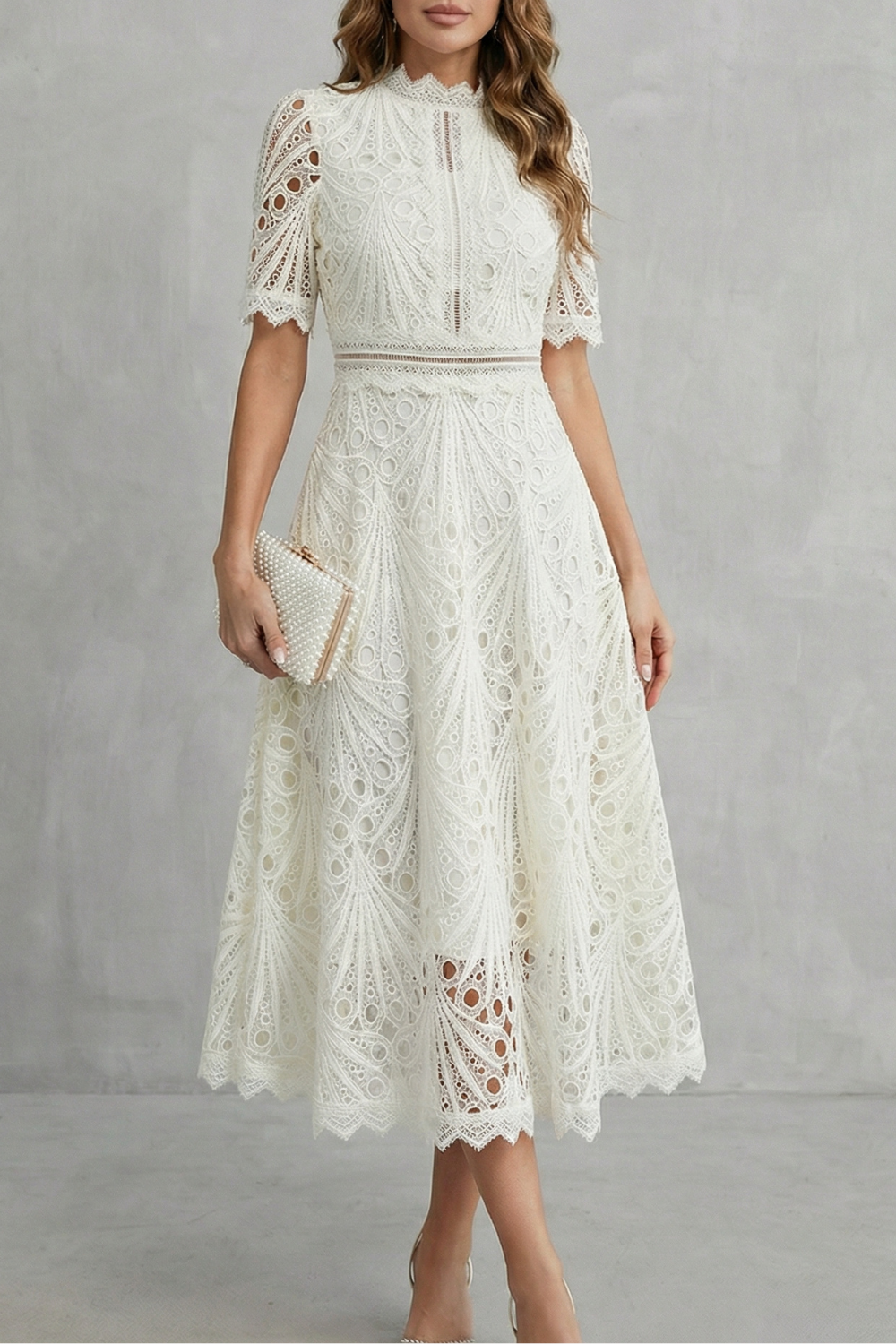 Lace High-Neck Midi Dress with Ornate Detailing for Formal Events