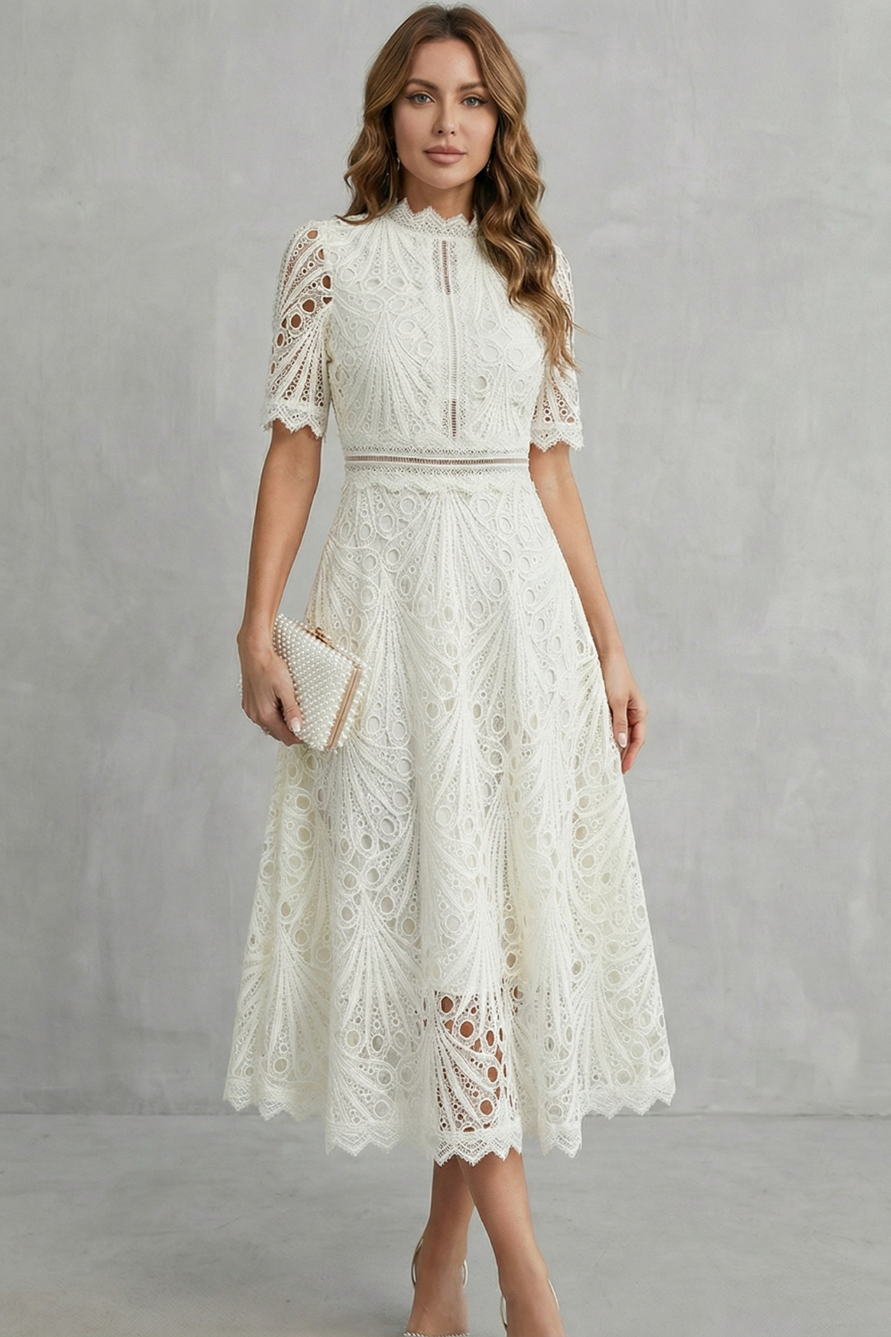 Lace High-Neck Midi Dress with Ornate Detailing for Formal Events