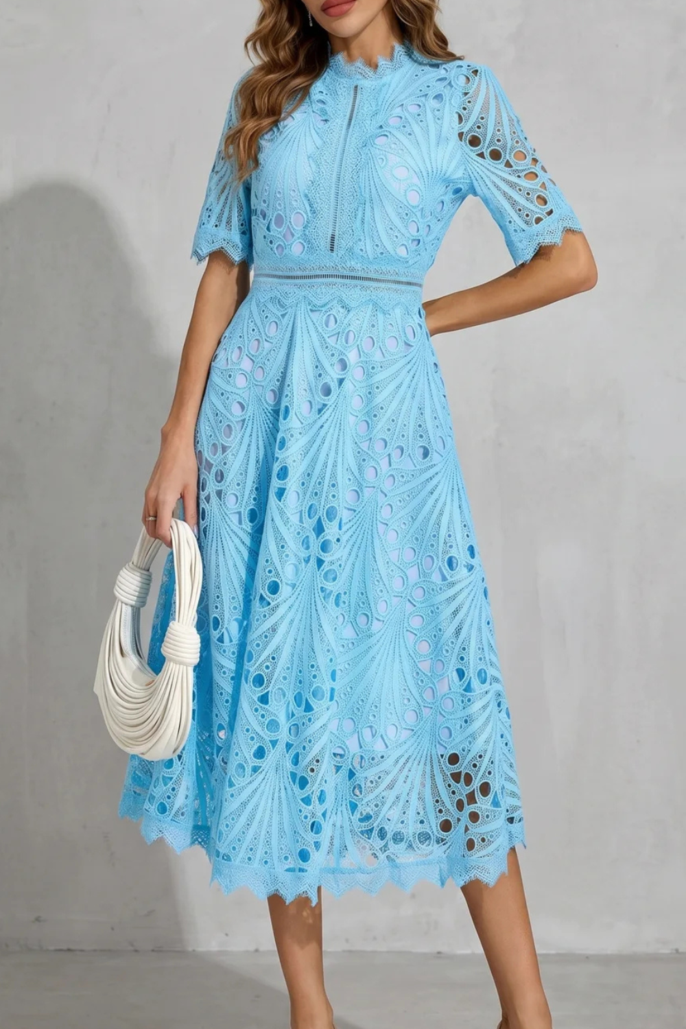 Lace High-Neck Midi Dress with Ornate Detailing for Formal Events