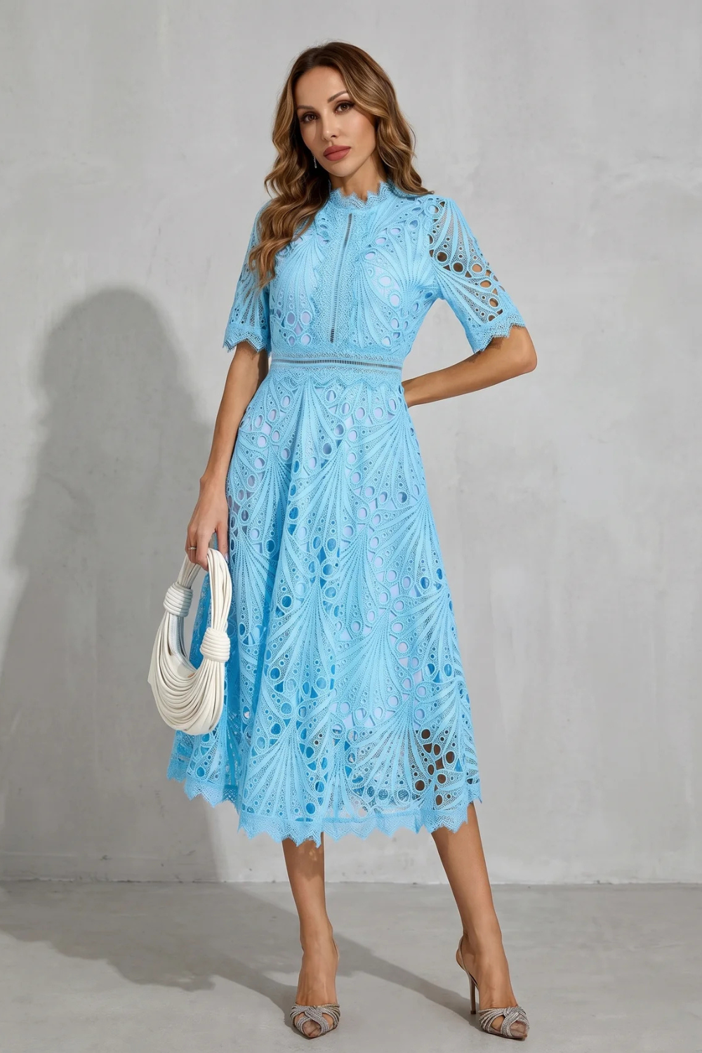 Lace High-Neck Midi Dress with Ornate Detailing for Formal Events