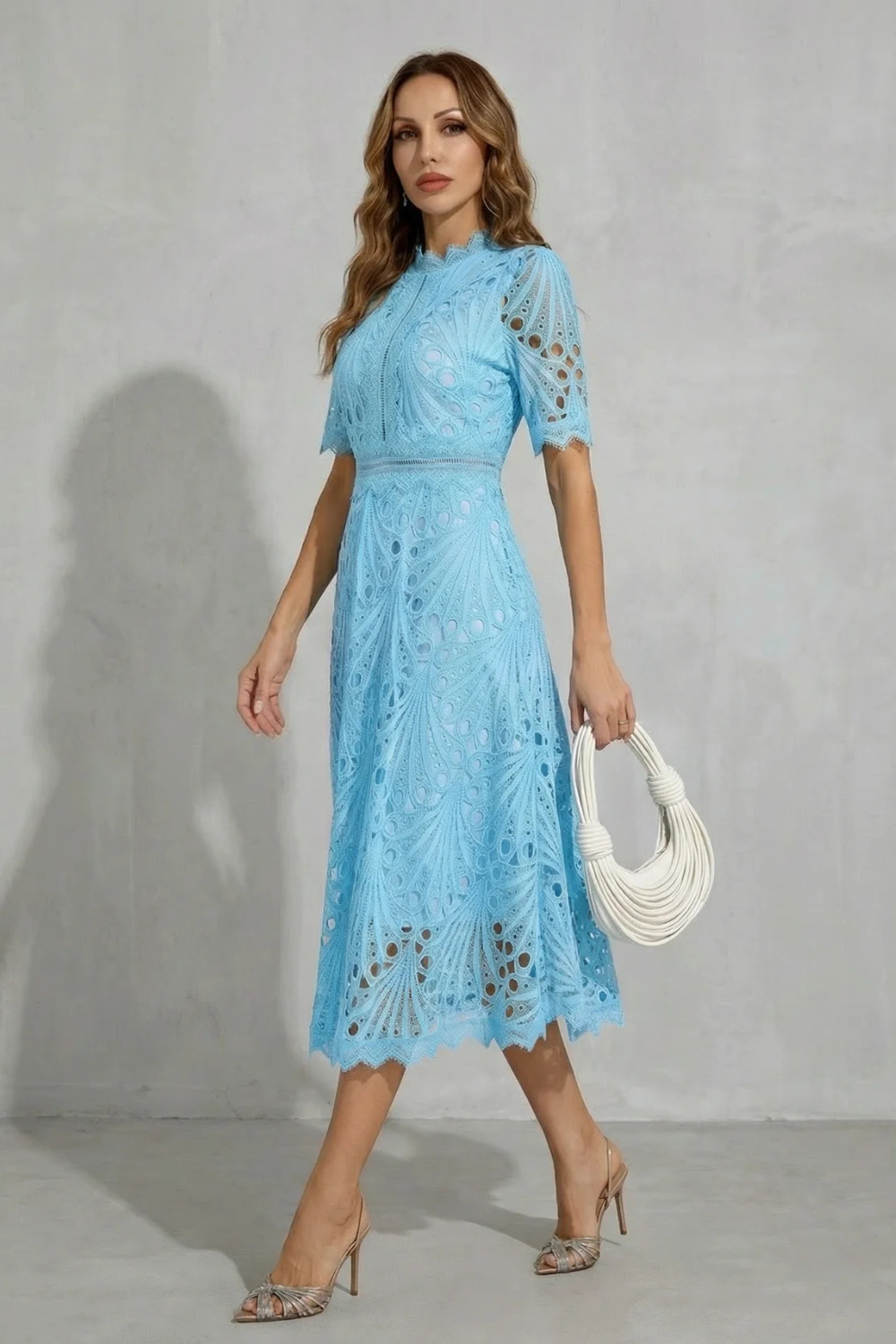 Lace High-Neck Midi Dress with Ornate Detailing for Formal Events