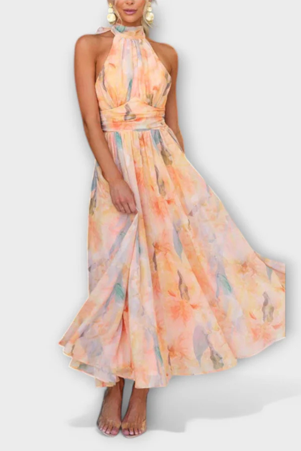 Abstract Print Halter Neck Maxi Dress for Women | Lightweight Summer Fashion | Elegant Evening Wear