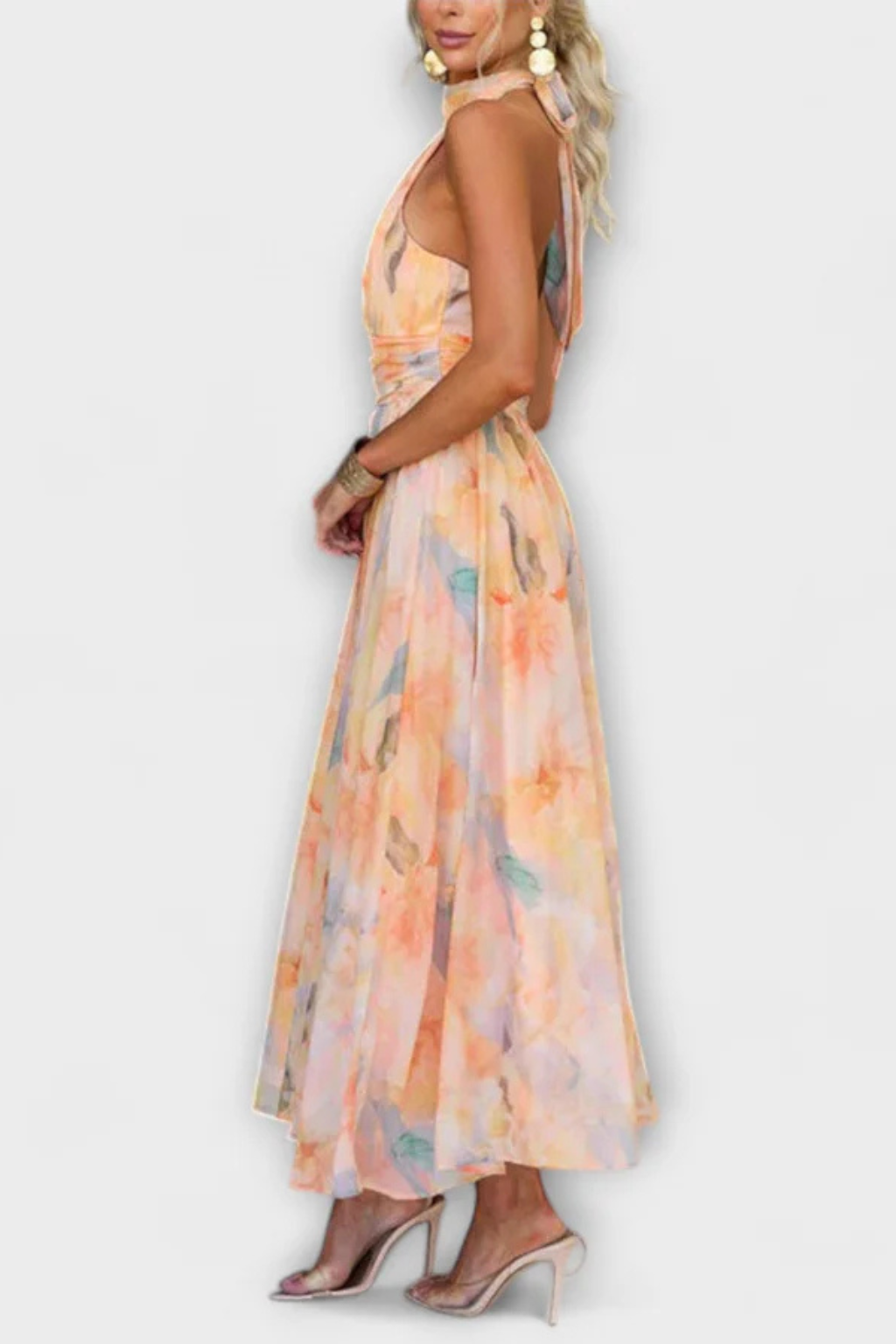 Abstract Print Halter Neck Maxi Dress for Women | Lightweight Summer Fashion | Elegant Evening Wear