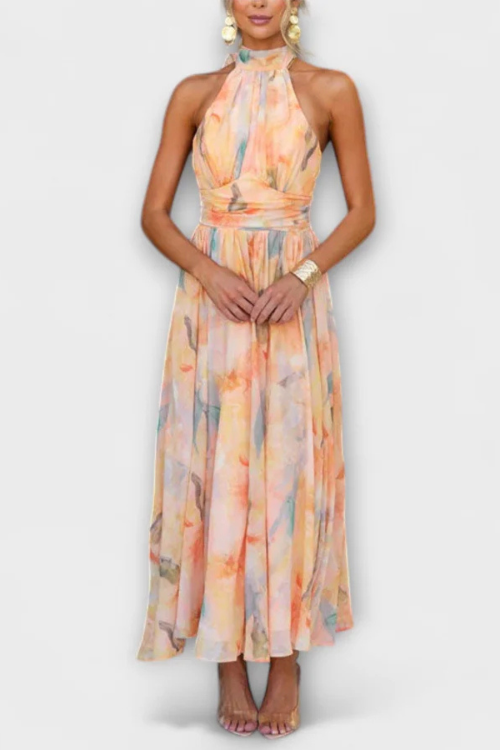 Abstract Print Halter Neck Maxi Dress for Women | Lightweight Summer Fashion | Elegant Evening Wear