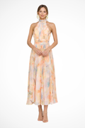 Abstract Print Halter Neck Maxi Dress for Women | Lightweight Summer Fashion | Elegant Evening Wear