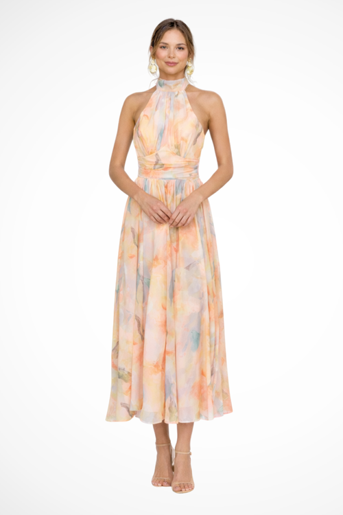 Abstract Print Halter Neck Maxi Dress for Women | Lightweight Summer Fashion | Elegant Evening Wear
