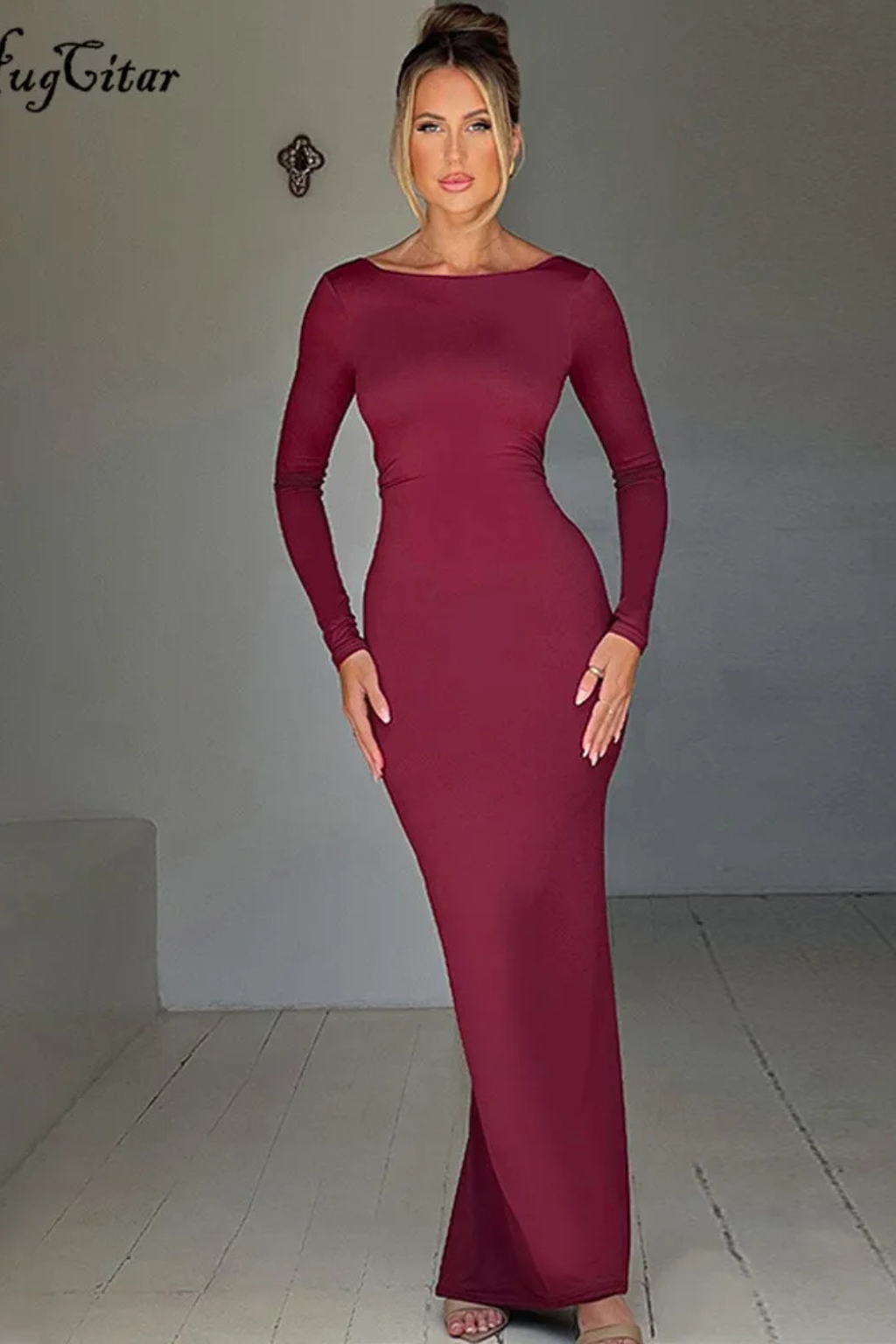Backless Long Sleeve Maxi Dress for Women | Elegant Wedding Guest Attire in Lightweight Fabric