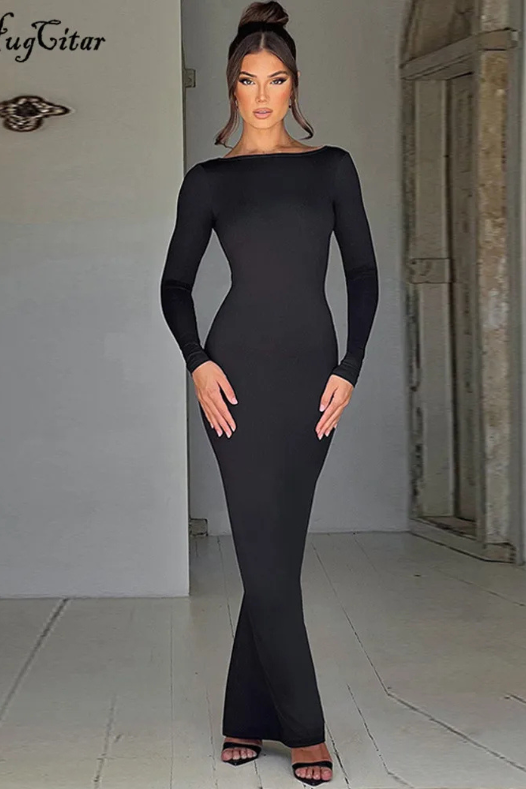 Backless Long Sleeve Maxi Dress for Women | Elegant Wedding Guest Attire in Lightweight Fabric