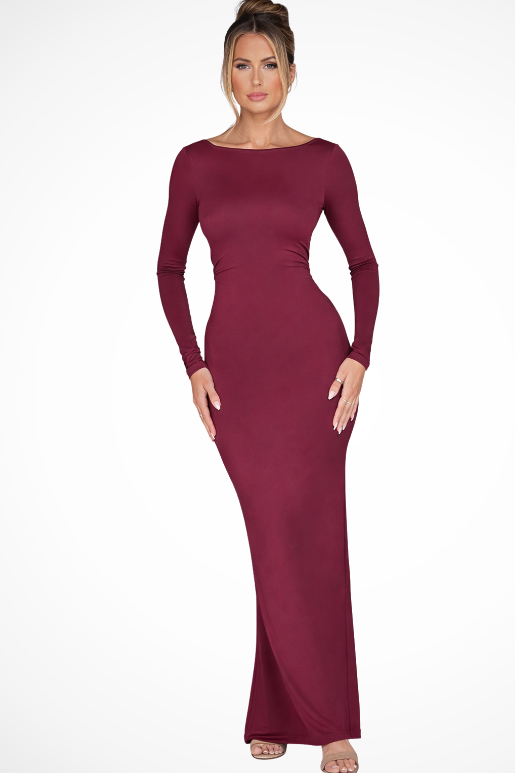 Backless Long Sleeve Maxi Dress for Women | Elegant Wedding Guest Attire in Lightweight Fabric