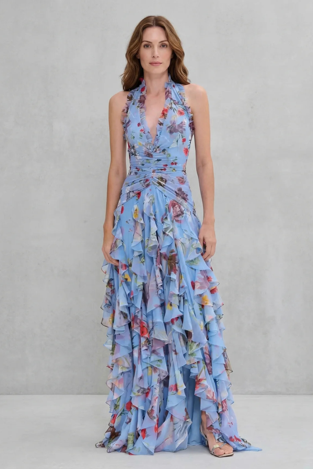 Rose Cascade Halter Maxi Dress - Romantic Floral Design for Special Occasions