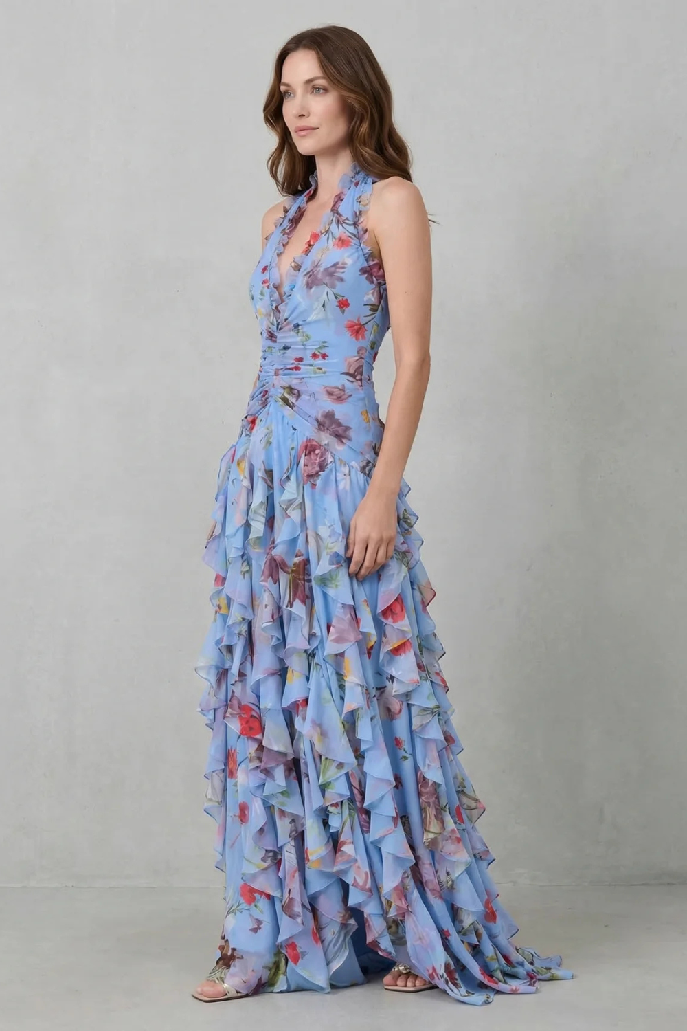 Rose Cascade Halter Maxi Dress - Romantic Floral Design for Special Occasions