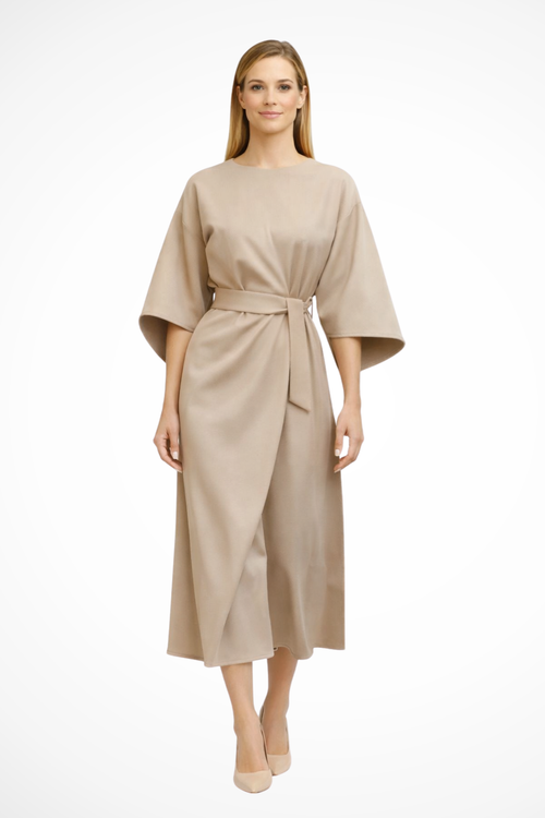 Belted Lantern Sleeve Midi Dress for Women - Elegant Casual Wear in Soft Fabric, Perfect for Parties and Events