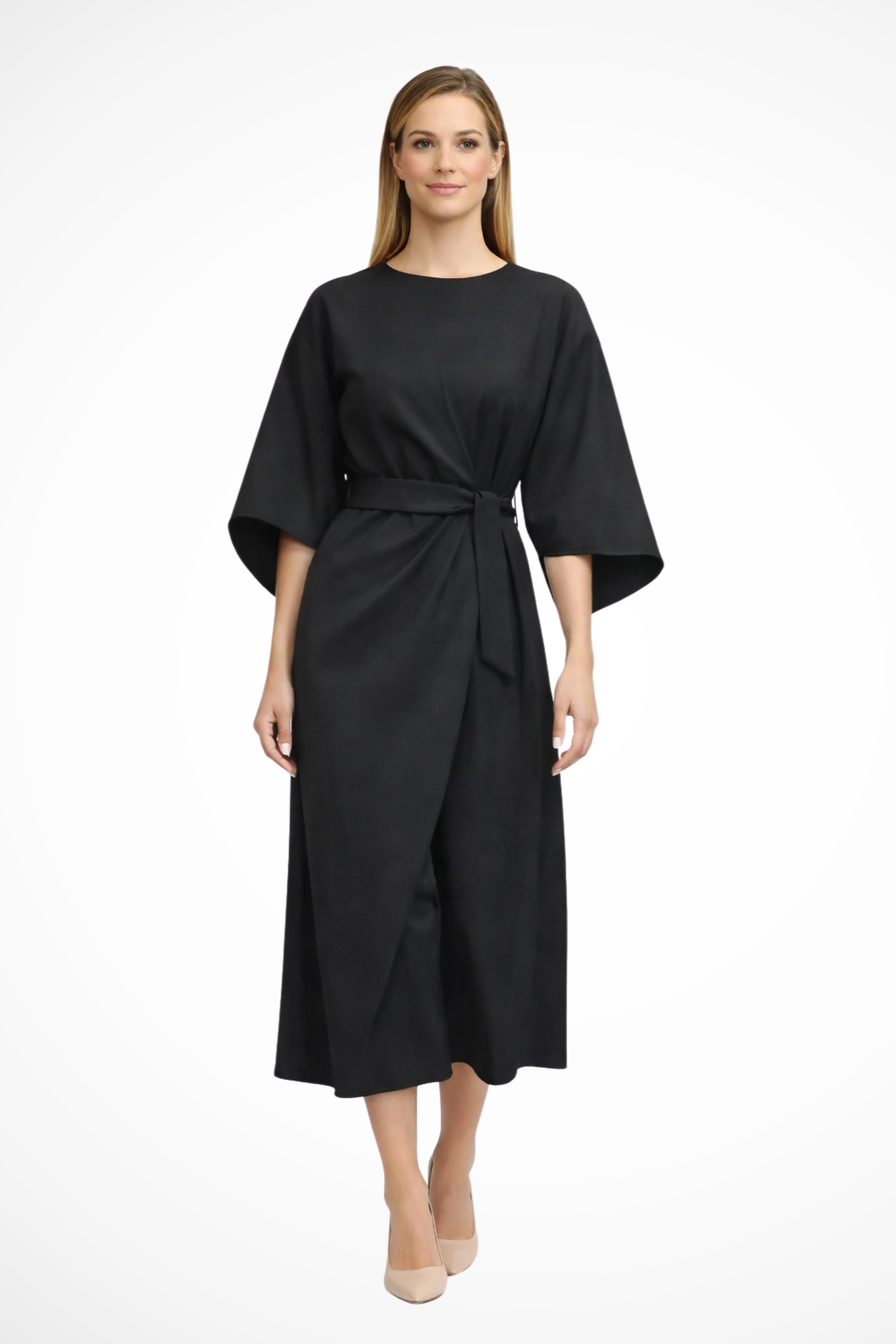 Belted Lantern Sleeve Midi Dress for Women - Elegant Casual Wear in Soft Fabric, Perfect for Parties and Events
