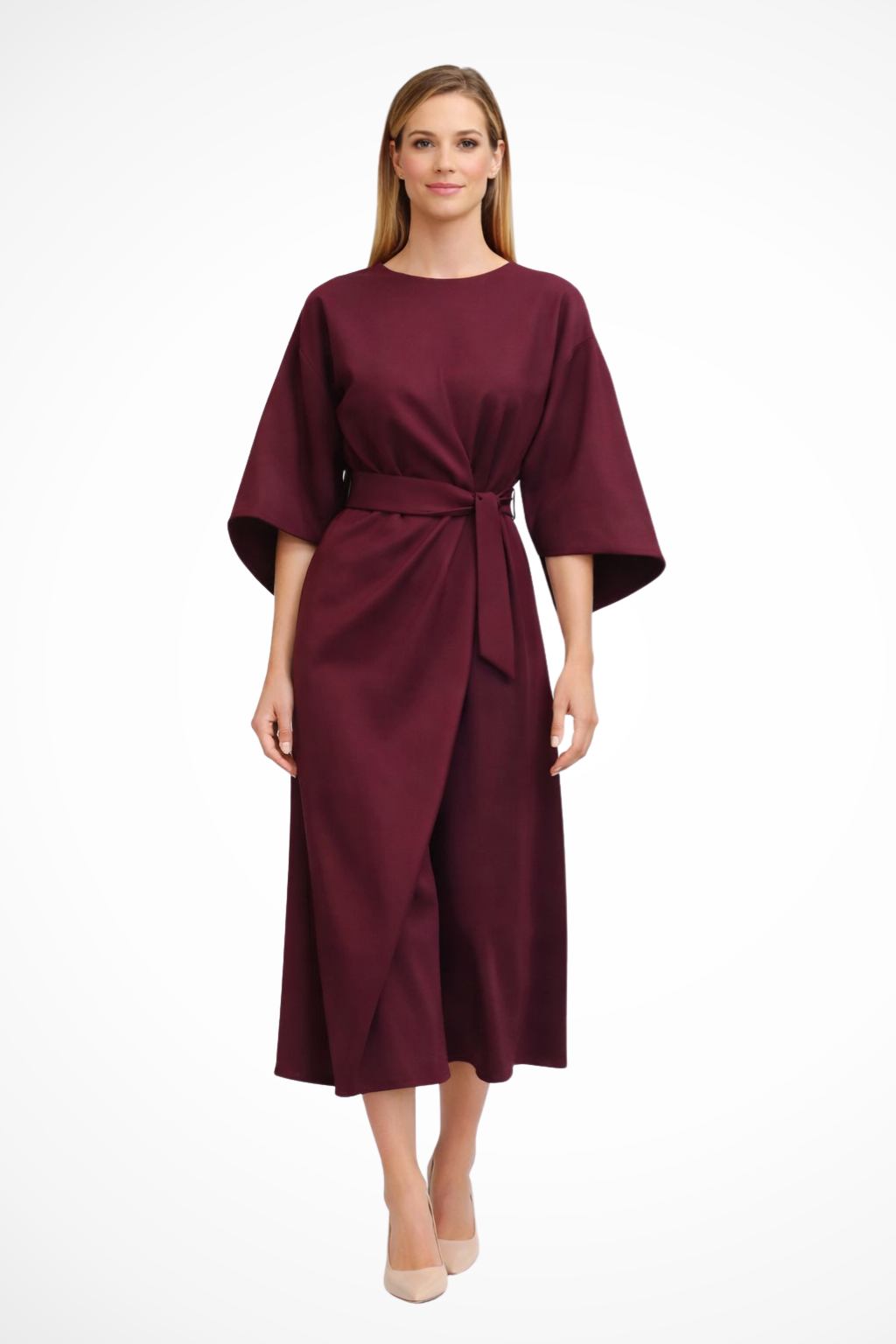 Belted Lantern Sleeve Midi Dress for Women - Elegant Casual Wear in Soft Fabric, Perfect for Parties and Events