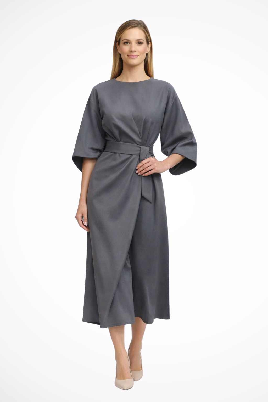 Belted Lantern Sleeve Midi Dress for Women - Elegant Casual Wear in Soft Fabric, Perfect for Parties and Events