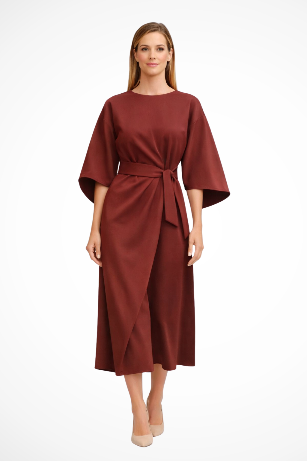 Belted Lantern Sleeve Midi Dress for Women - Elegant Casual Wear in Soft Fabric, Perfect for Parties and Events