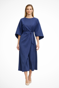 Belted Lantern Sleeve Midi Dress for Women - Elegant Casual Wear in Soft Fabric, Perfect for Parties and Events