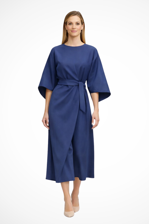 Belted Lantern Sleeve Midi Dress for Women - Elegant Casual Wear in Soft Fabric, Perfect for Parties and Events
