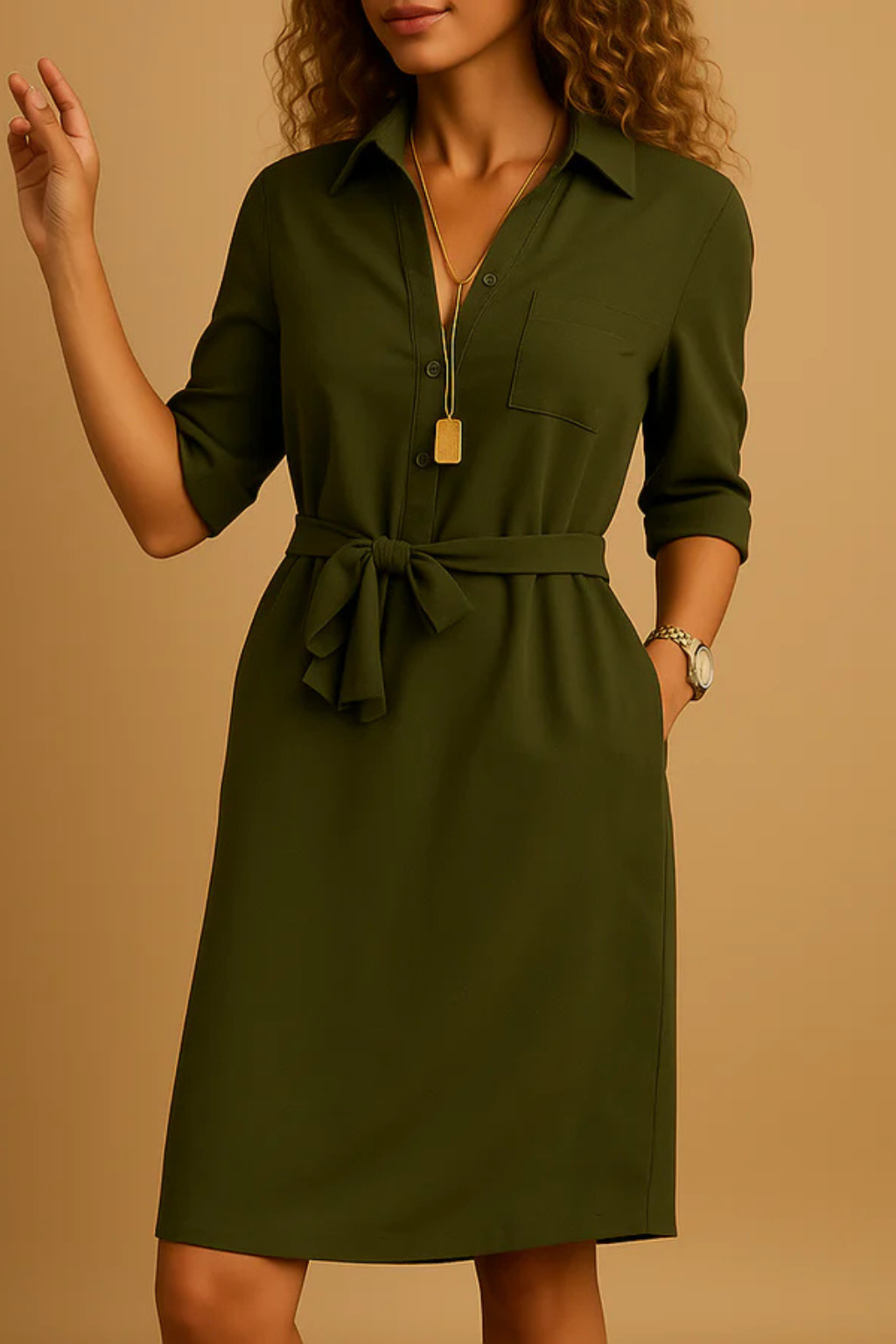 Black Midi Shirt Dress for Women with Tie Waist - Office-Ready Style, Versatile Workwear