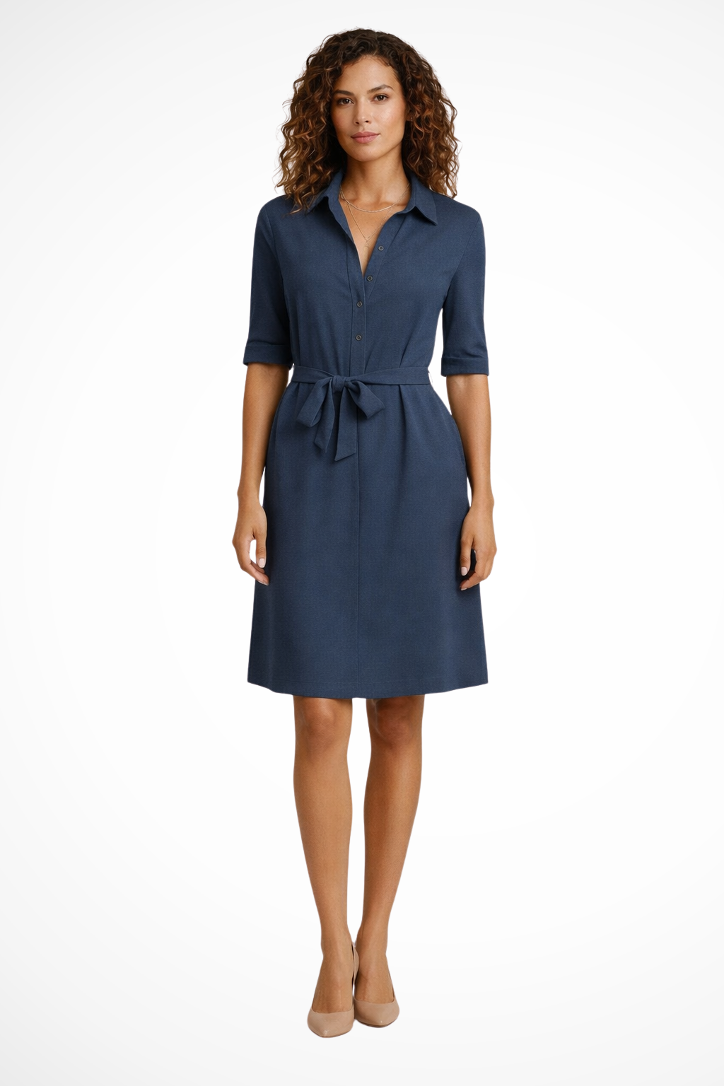 Black Midi Shirt Dress for Women with Tie Waist - Office-Ready Style, Versatile Workwear