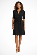 Black Midi Shirt Dress for Women with Tie Waist - Office-Ready Style, Versatile Workwear