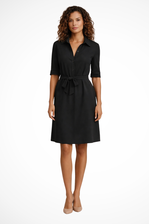 Black Midi Shirt Dress for Women with Tie Waist - Office-Ready Style, Versatile Workwear