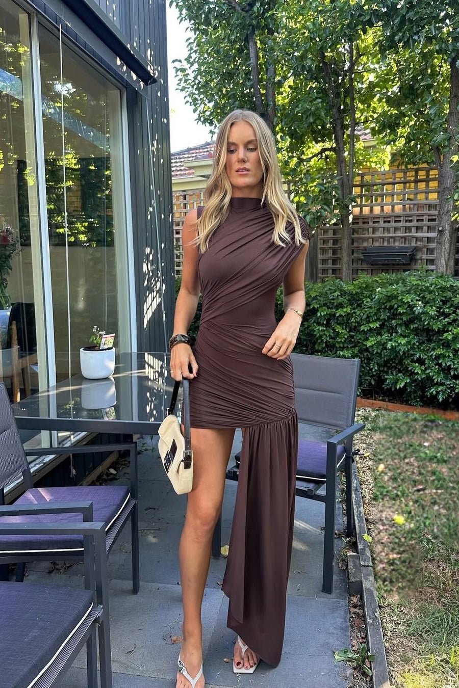 Brown Ruched Mini Dress with High Neck Design for Casual or Evening Wear