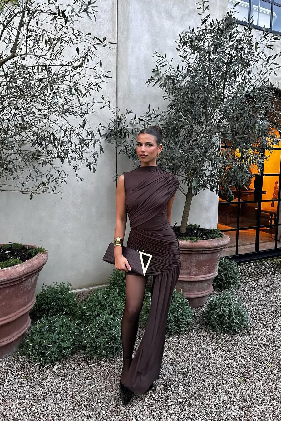 Brown Ruched Mini Dress with High Neck Design for Casual or Evening Wear