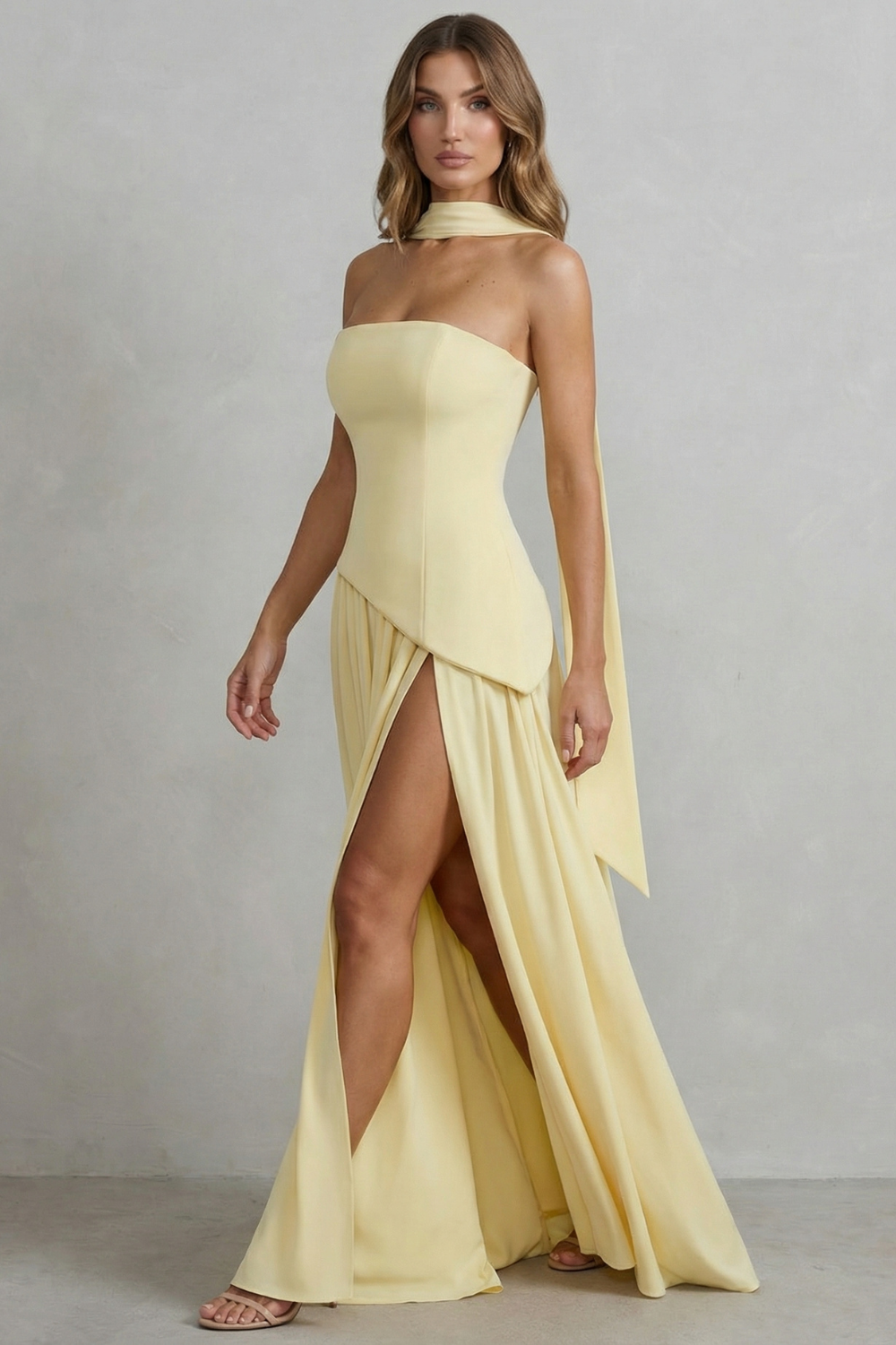 Sculpted Draped Slit Strapless Maxi Dress for Evening Events
